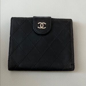 Authentic Chanel Black Leather Quilted Compact Wallet